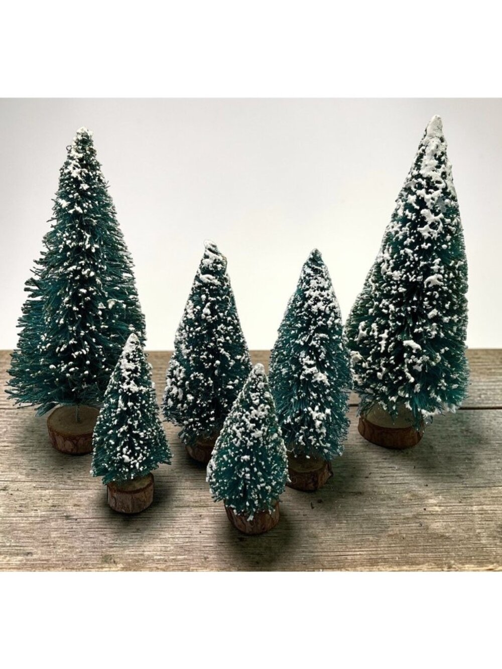 Snowy Bottle Brush Tree Set of 6 Christmas Village Green with Rustic Wood Base